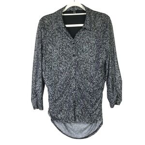 Cable & Gauge Polka Dot Ruched Mesh Blouse Button Down Black White